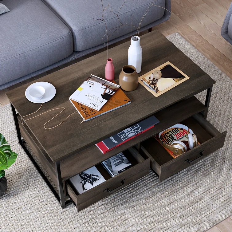 Wholesale coffee tables, coffee tables with storage compartments, dark-colored coffee tables, walnut-colored coffee tables, coffee tables with metal legs.