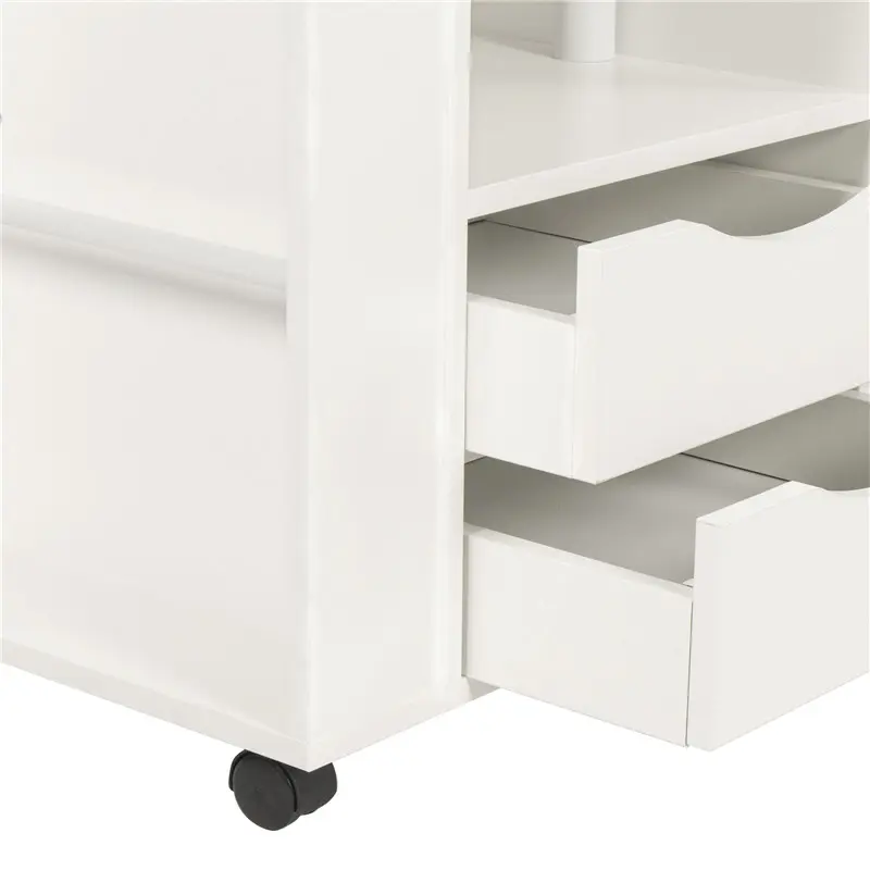 Height Adjustable side Table Wooden with Swivel Top, Storage Drawers, Wheels and Open Shelf, (White)