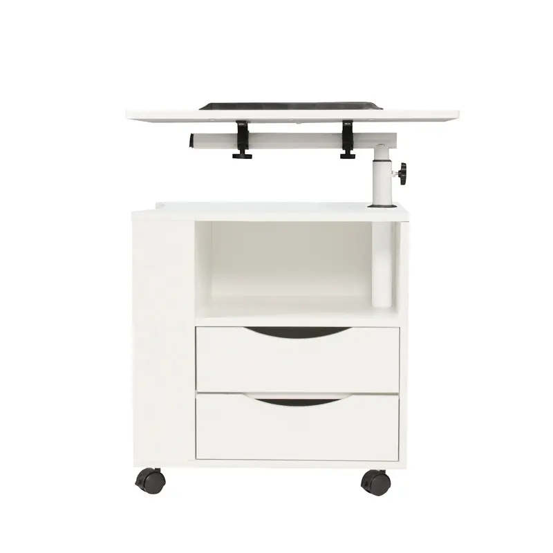 Height Adjustable side Table Wooden with Swivel Top, Storage Drawers, Wheels and Open Shelf, (White)